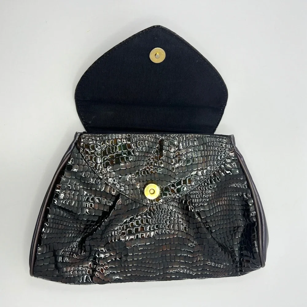 Vintage Faux Croc Clutch Envelope Evening Bag Brown Purple Chic Retro Midcentury
